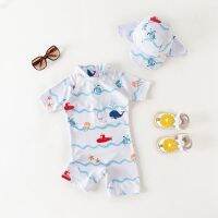 ㍿ Baby kids Boy Swimsuit Fashion Swimming Bathing Romper Cap 2Pcs Children Boy Clothes Cartoon High Quality Child Boys Outfits