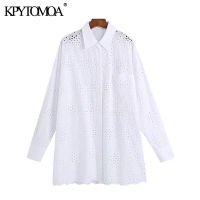 KPYTOMOA Women 2021 Fashion Hollow Out Embroidery Oversized White Blouses Vintage Long Sleeve Button-up Female Shirts Chic Tops