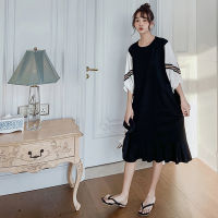 NYFS Summer Dress 2021 Korean New Patchwork Lantern Sleeve Woman Dress Vestidos Robe Elbise Fake two Short Sleeve Long Dress