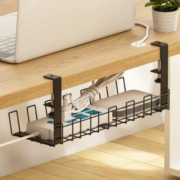 No Drilling Extendable Under Desk Cable Management, Metal Cable Management  Tray Under Desk with Clamp, Retractable Power Strip Cord Holder for Wire  Management 31Inch 