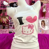 เสื้อกล้ามเสื้อกั๊กน่ารักสายเอี๊ยมสีขาวสำหรับผู้หญิง Sanrio Hello Kitty Y2k สายเดี่ยวผ้านิ่มสำหรับเด็กผู้หญิงเผ็ดร้อนพิมพ์ลายการ์ตูน