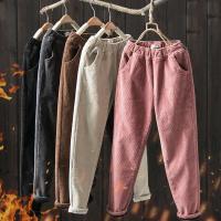 HOT14★Women Pants Korean Pink Harem Pants Elastic Waist Autumn Winter Corduroy Pants Cal Black Trousers Pants