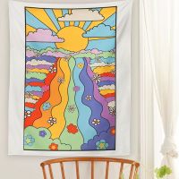 70s Girly Rainbow and Floral Tapestry Wall Hanging 70s Sunset and Flowers Tapestry Decor Living Room Bedroom Bohemian Print Tapestries Hangings