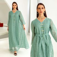 Gaun Kain Kain Kasa Jala Dengan Sabuk Panjang เสื้อคลุมมุสลิม Wanita Borir Garis Jubah Malam Gaun Vestido Formal Arab Turki Dubai