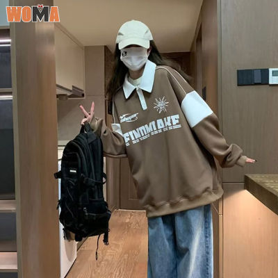 WOMA เสื้อสเวตเตอร์คอปกวินเทจแขนยาวเสื้อโปโลอเมริกันชุดคู่รักฤดูใบไม้ผลิและเสื้อฤดูใบไม้ร่วง