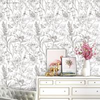 นกดอกไม้ Self Adhesive Wallpaper วอลเปเปอร์ลอกออกได้ลายดอกไม้สีดำสีขาวสำหรับห้องนั่งเล่นผนังตู้สำหรับห้องนอน