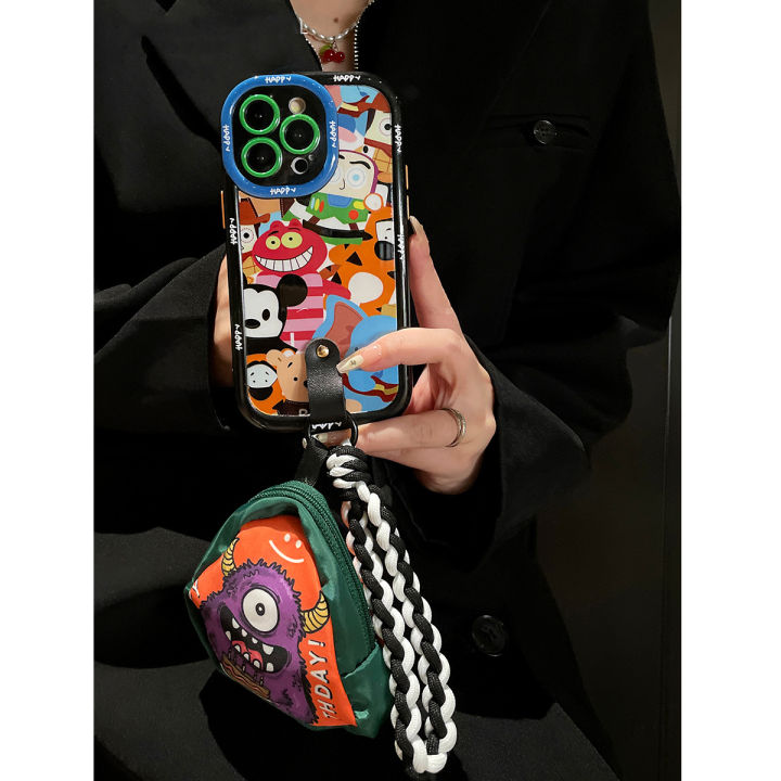 monster-zero-wallet-กรณีโทรศัพท์สำหรับ-iphone15promax-ภาพวาดสีน้ำมันที่มีสีสันกรณีโทรศัพท์สำหรับ-iphone14promax-สีดำและสีขาวถักเชือกกรณีโทรศัพท์สำหรับ-iphone13-สามเหลี่ยมหูฟังเก็บกระเป๋าแขวนกระเป๋าสำห