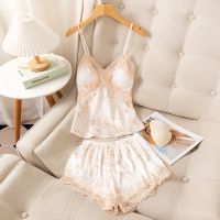 【CC】✴☌❒  Suspender Set Sleepwear Print Top shorts Pijamas Silky