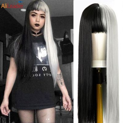 【jw】▽┅☸  Half and Wigs for Fashion Fake Hair Wig Synthetic Split Color Straight