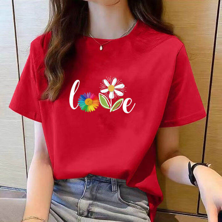 เสื้อยาวสีขาวสำหรับผู้หญิงคอกลมแขนสั้นพิมพ์ลายเสื้อทรงหลวมสำหรับฤดูร้อน