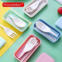 Portable 3pcs Tableware with Box Wheat Straw Reusable Cutlery Collapsible Travel Picnic Camping Folding Utensil Set Flatware Sets