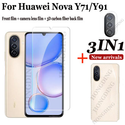 3-In-1สำหรับกระจก Y71 Huawei Nova สำหรับ Y91 Huawei Nova คลุมทั้งหมดกาว9H ปกป้องหน้าจอสำหรับ Huawei Nova Y 70 Y70 Y71ฟิล์มหลังกระจกเลน