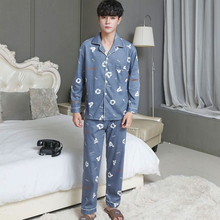 muji-high-quality-pajamas-mens-long-sleeved-summer-thin-cardigan-set-mens-clothes-dad-spring-and-autumn-youth-middle-aged-plus-size-loose-suit