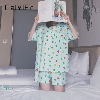 CAIYIER  Casual Cute Pijamas Women Short-Sleeved Cartoon Printing Sleepwear Suit Girl Pyjamas Homewear Two Piece Set Summer