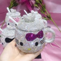 350ml Kawaii Mug All Rhinestones Kitty Coffee Mugs Ceramic Coffee Mug with Lid Cat Bling Gifts for Girlfriend Cute Cups Tea Cup