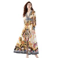 Womens Dress New 2024 Spring and Summer Retro Deep V-neck Lantern Sleeve Printed Long Maxi Dress