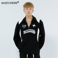 MAYCHEER   เสื้อยืดเสื้อโปโลแขนยาววินเทจชายและหญิงคู่เสื้อชุดเดรส