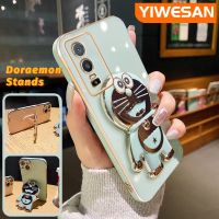 YIWESAN เคสสำหรับ Vivo Y76s Y76 Y74s 5G,เคสการ์ตูนโดราเอมอนน่ารักขาตั้งเคสโทรศัพท์ชุบดีไซน์ใหม่พับได้กล้องฝาปิดเลนส์เต็มจอเคสนิ่มป้องกันการกระแทก