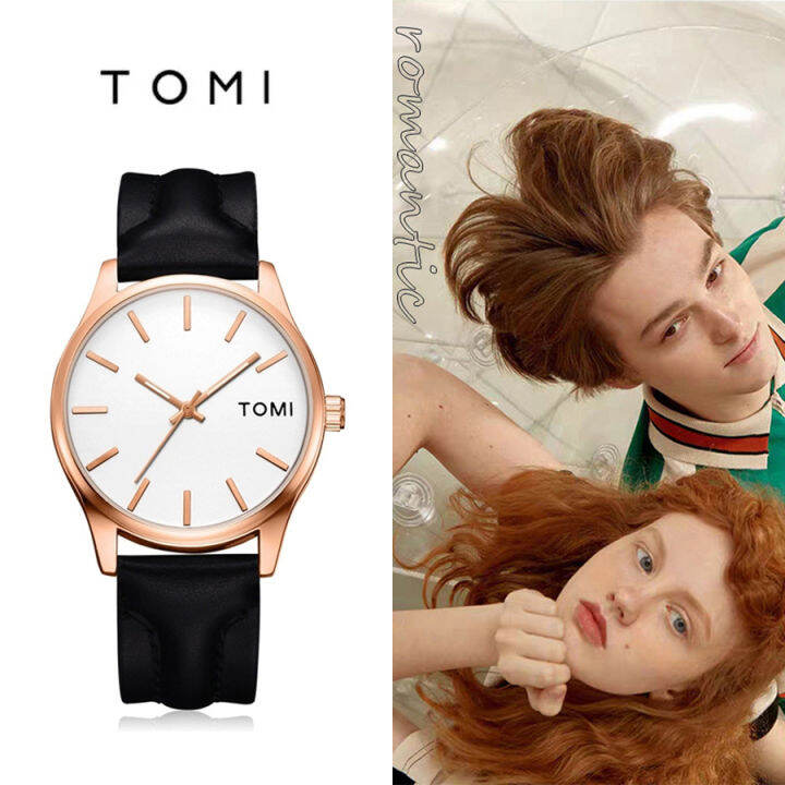 tomi-นาฬิกา-กันน้ำ-พร้อมกล่อง-quartz-analog-นาฬิกาสายหนัง-ราคา-sale-นาฬิกาคู่สายหนัง-100-new