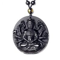 Lucky Obsidian Pendant Thousand-Hand Guanyin Buddha Statue Religious Amulet Jewelry Necklace Pendant Suitable for Men and Women