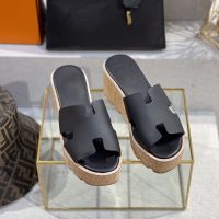 2023 leather outerwear all-match high-heeled slippers her-mes womens wedge heel solid color waterproof platform sandals thick-soled Roman style shoes