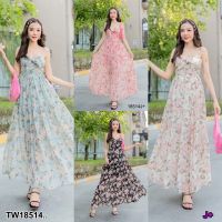 TT18514 เดรสยาว สายเดี่ยว ผูกโบว์ตรงอกได้ ลายดอกไม้ .A single strap dress, a bow tie, flower pattern ..