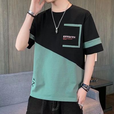 [COD] Mens short-sleeved T-shirt splicing trendy brand 2022 new summer contrast five-point sleeve round neck casual