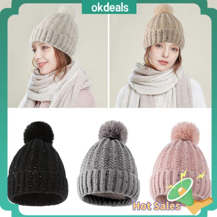 okdeals-ผู้หญิงผู้หญิง-ฤดูหนาว-ถัก-อบอุ่น-หมวกสกี-หมวกไหมพรม-หมวกบีนนี่-ปอม