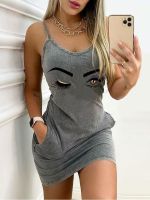 【YF】 2023 Sexy Straps Dress Women Summer Fashion Letter Print Pocket Sleeveless Party Casual Slim Backless Ladies Mini