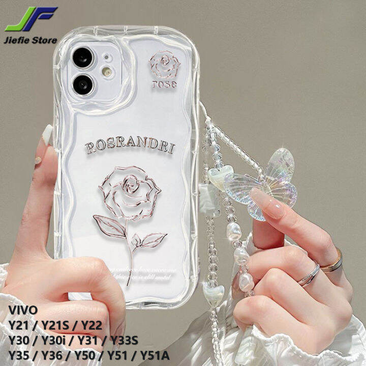 เคสลายกุหลาบผีเสื้อคริสตัลหรูหราของ-jiefie-สำหรับ-vivo-y21-y21s-y22-y30-y30i-y31-y33s-y35-y36-y50-y51-y51a-เคสนิ่มโปร่งใสขอบหยักด้วยสร้อยข้อมือ