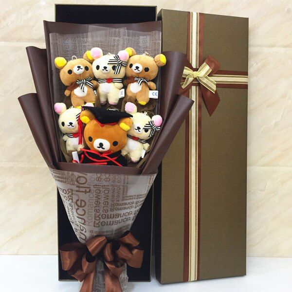 ช่อดอกไม้การ์ตูน-rilakkuma-รูปหมีจบการศึกษาหมวกตุ๊กตาดอกไม้พร้อมหมวกจบการศึกษาของขวัญสำเร็จการศึกษาการ์ตูนทำด้วยมือ