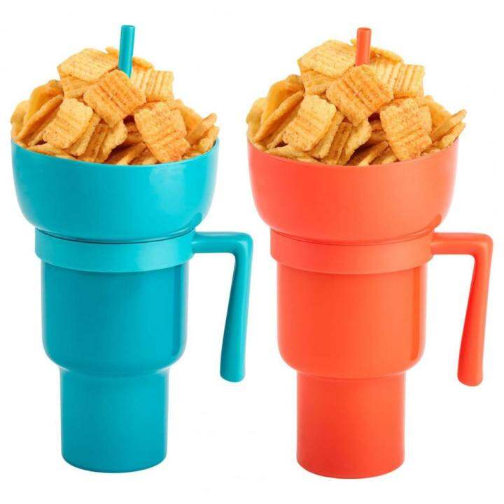 Popcorn Drink Cup Tumbler with Snack Bowl Drink Cup with Straw Snack