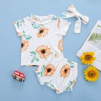 White Pants Set Cotton Pullover Print Sunflower Summer Not Hooded Baby Set Sunflower Print 3pc Gift Set for New Born Baby Girl  by Hs2023