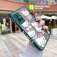 Jlingji เคสสำหรับ Vivo Y75 5G Y55 5G Y77 5G Y77E 5G IQOO Z6 Lite 5G เคสการ์ตูนแฮปปี้ฮัลโหลคิตตี้บางๆขอบสี่เหลี่ยมดีไซน์ใหม่ด้านข้างกันกระแทกมีน้ำค้างแข็งโปร่งใสแข็งปลอกซิลิโคนเคสมือถือคลุมทั้งหมดกล้องกันกระแทกเคสนิ่ม