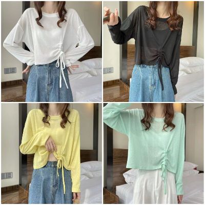 พร้อมส่ง เสื้อครอปแขนยาว ผ้าบาง ใส่สบาย มีเชือกดึงเช็กซี่ น่ารัก สไตส์เกาหลี