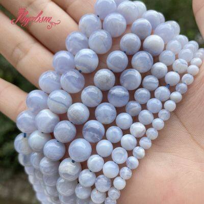 หิน Chalcedony สีฟ้าธรรมชาติอาเกตเรียบกลม6/8/10มม. ลูกปัดหินสำหรับทำเครื่องประดับสร้อยคอสร้อยข้อมือ DIY 15 "Gratis Ongkir