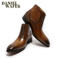 Luxury Men Ankle Boots Genuine Leather Shoes Fashion Printed Medallion Lace Up Pointed Toe Dress Wedding Office Basic Boots Men