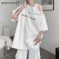 MAYCHEER  เสื้อลำลองแขนสั้นทรงหลวมแขนสั้นสีเข้มของผู้ชายดีไซน์กระดุมโลหะ