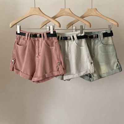 Chenzhi With Belt Retro Curling Denim Shorts Womens Summer New Korean Style Casual All-Matching Loose-Fitting Hot Pants 2223