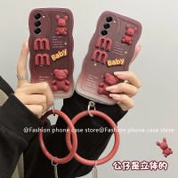 เคส Samsung Galaxy S23 S21 S22 FE Ultra + Plus 5G Phone Case เคสลายคลื่นสีแดงไล่ระดับสีน่ารักลายการ์ตูน3มิติตุ๊กตาหมีนิ่มกันกระแทกพร้อม2023สร้อยข้อมือซิลิโคนที