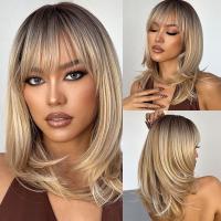 Synthetic Wigs for Women Ombre Brown Blonde Wigs with Bangs Layered Cosplay Wigs Heat Resistant Medium Length Wig