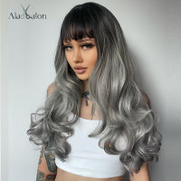 ALAN EATON Long wave Synthetic Wigs for Women Ombre Black Rooted Silver Gray Wigs with Bangs Cosplay Daily Party Heat Resistant