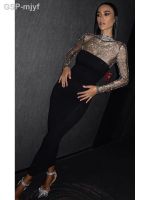 Vestido Midi Bodycon Preto เสือจักรยานภูเขาแขนยาวde Manga Comprida Cristal Feminino Vestido Sexy Bandagem Elegante Noite Clube Festa Verão Chique 2023