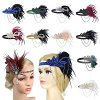 【cw】 Rhinestone Beaded Sequin Headpiece Charleston Feather Hairband Costume Props Hair Accessories 1