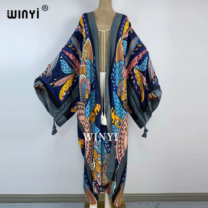 2021-winyi-ชุดเดรสเสื้อคลุมรัดเอวชายหาดสำหรับผู้หญิงยาวเปิดด้านหน้า-ชุดเดรสยาวพิมพ์ลายโบฮีเมียนเปิดด้านหน้าสีชมพูสำหรับผู้หญิง