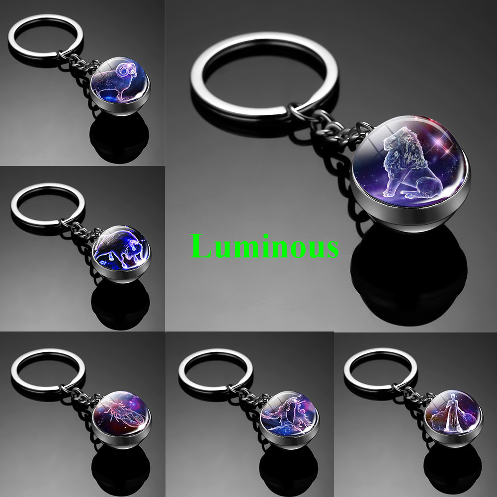 Men Zodiac Luminous Keychain Women Glass Ball Keyring Glow Pendants Keychains 