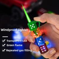 ลูกเต๋า Windproof สีเขียวเจ็ทเปลวไฟเบาใสน้ำมันหน้าต่างจอแสดงผล LED แสงก๊าซบิวเทนบุคลิกภาพความคิดสร้างสรรค์เบา