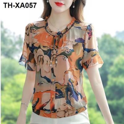 Silk womens short-sleeved 2023 summer new belly-covering mothers top bowknot loose mulberry silk