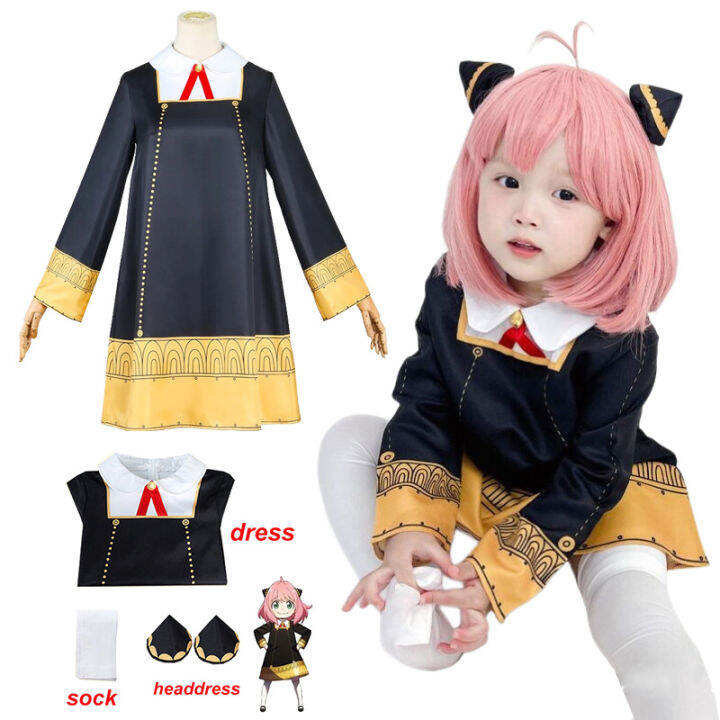 s Kids Anime Spy X Family Anya Cosplay Costume Black Dress Girls
