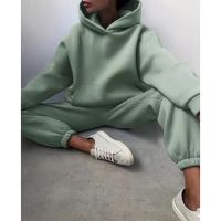 Womens Tracksuit Solid Hooded Sport Suits Autumn Warm Hoodie Casual Long Sleeve Sweatshirts and Trousers Fleece Two Piece Sets